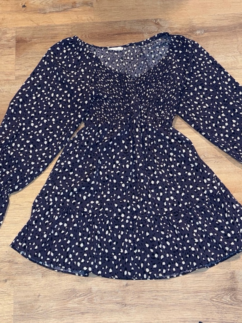 Navy and Cream Smocked-Waist Mini Dress